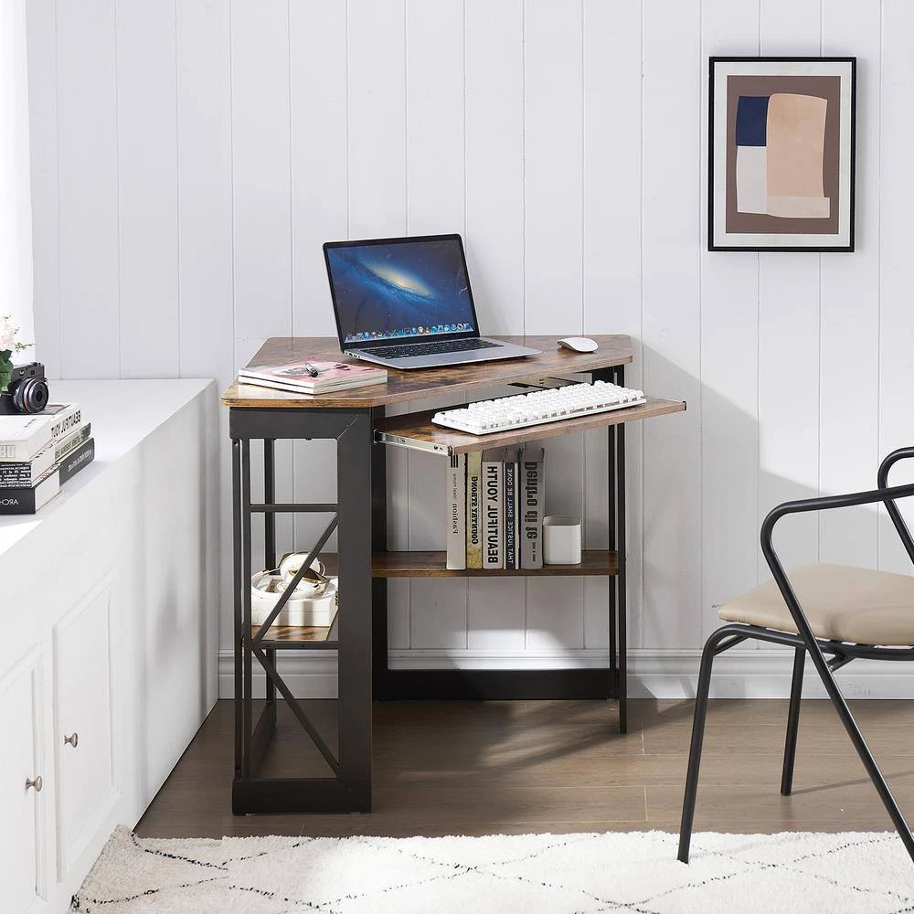 Corner Desk, 29.5 in. W Triangle Antique Brown Computer Desk, Wooden Desk, Steel Frame Computer Desk with Keyboard Tray by VECELO 8 Corner Desk, 29.5 in. W Triangle Antique Brown Computer Desk, Wooden Desk, Steel Frame Computer Desk with Keyboard Tray by VECELO - Image 7