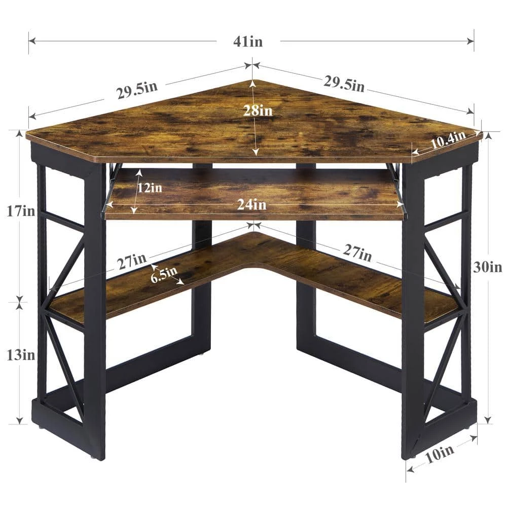 Corner Desk, 29.5 in. W Triangle Antique Brown Computer Desk, Wooden Desk, Steel Frame Computer Desk with Keyboard Tray by VECELO 7 Corner Desk, 29.5 in. W Triangle Antique Brown Computer Desk, Wooden Desk, Steel Frame Computer Desk with Keyboard Tray by VECELO - Image 6