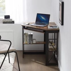 Corner Desk, 29.5 in. W Triangle Antique Brown Computer Desk, Wooden Desk, Steel Frame Computer Desk with Keyboard Tray by VECELO 14 Corner Desk, 29.5 in. W Triangle Antique Brown Computer Desk, Wooden Desk, Steel Frame Computer Desk with Keyboard Tray by VECELO -Camaflexi Shop antique brown vecelo computer desks khd xjm cd03 atb 77 1000