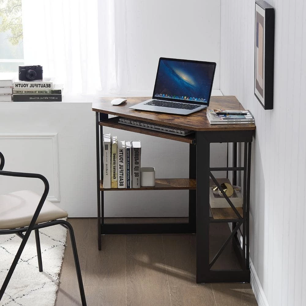 Corner Desk, 29.5 in. W Triangle Antique Brown Computer Desk, Wooden Desk, Steel Frame Computer Desk with Keyboard Tray by VECELO 5 Corner Desk, 29.5 in. W Triangle Antique Brown Computer Desk, Wooden Desk, Steel Frame Computer Desk with Keyboard Tray by VECELO - Image 4