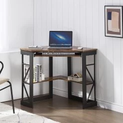Corner Desk, 29.5 in. W Triangle Antique Brown Computer Desk, Wooden Desk, Steel Frame Computer Desk with Keyboard Tray by VECELO 15 Corner Desk, 29.5 in. W Triangle Antique Brown Computer Desk, Wooden Desk, Steel Frame Computer Desk with Keyboard Tray by VECELO -Camaflexi Shop antique brown vecelo computer desks khd xjm cd03 atb c3 1000