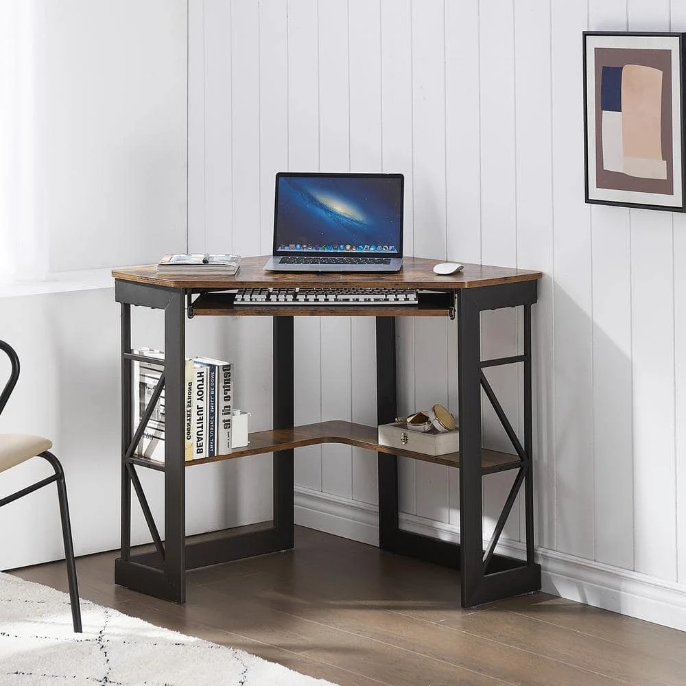 Corner Desk, 29.5 in. W Triangle Antique Brown Computer Desk, Wooden Desk, Steel Frame Computer Desk with Keyboard Tray by VECELO 6 Corner Desk, 29.5 in. W Triangle Antique Brown Computer Desk, Wooden Desk, Steel Frame Computer Desk with Keyboard Tray by VECELO - Image 5