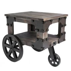 Industrial Wagon Style Small Rustic End Table with Storage Shelf and Wheels by Vintiquewise