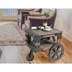 Industrial Wagon Style Small Rustic End Table with Storage Shelf and Wheels by Vintiquewise -Camaflexi Shop antique gray vintiquewise end side tables qi003638 s c3 1000