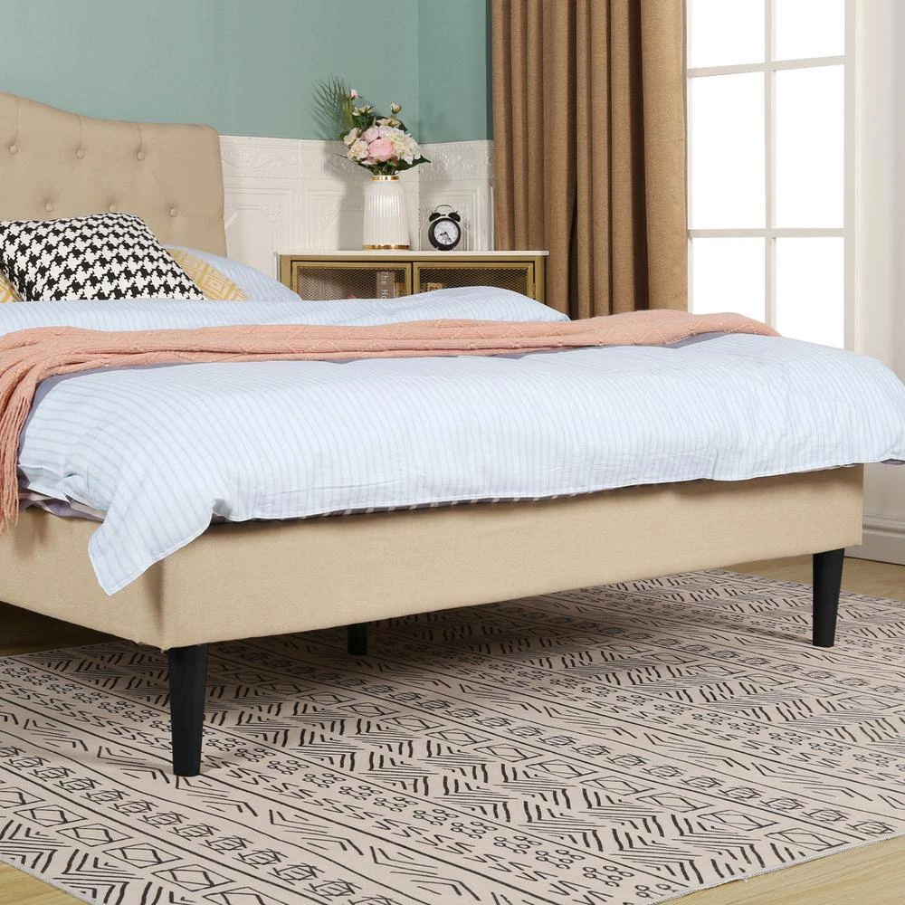 Bed Frame with Button, Beige Wood Frame Slat Support Easy Assembly Full Platform Bed Frame With Upholstered Headboard by VECELO 10 Bed Frame with Button, Beige Wood Frame Slat Support Easy Assembly Full Platform Bed Frame With Upholstered Headboard by VECELO - Image 8