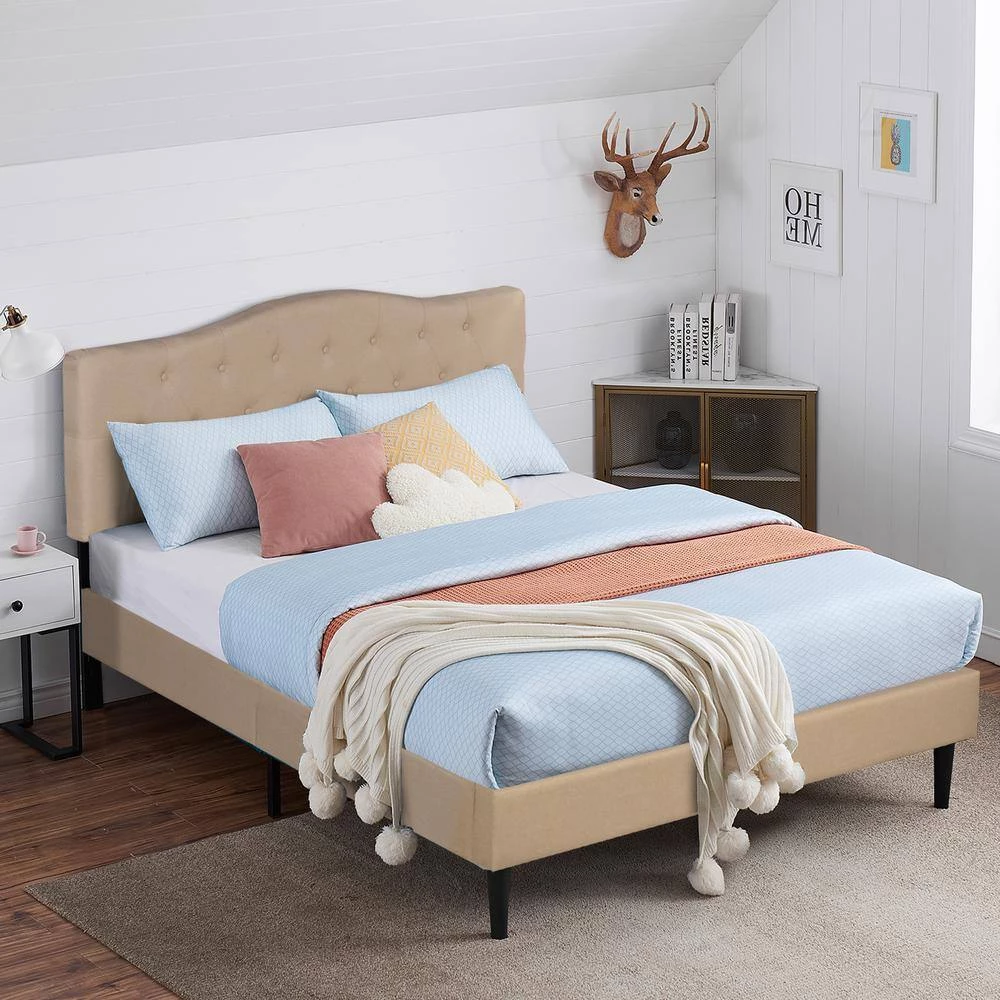 Bed Frame with Button, Beige Wood Frame Slat Support Easy Assembly Full Platform Bed Frame With Upholstered Headboard by VECELO 8 Bed Frame with Button, Beige Wood Frame Slat Support Easy Assembly Full Platform Bed Frame With Upholstered Headboard by VECELO - Image 6