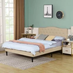 Bed Frame with Button, Beige Wood Frame Slat Support Easy Assembly Full Platform Bed Frame With Upholstered Headboard by VECELO 13 Bed Frame with Button, Beige Wood Frame Slat Support Easy Assembly Full Platform Bed Frame With Upholstered Headboard by VECELO -Camaflexi Shop beige vecelo platform beds khd btj rf04 bge 4f 1000