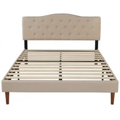Bed Frame with Button, Beige Wood Frame Slat Support Easy Assembly Full Platform Bed Frame With Upholstered Headboard by VECELO