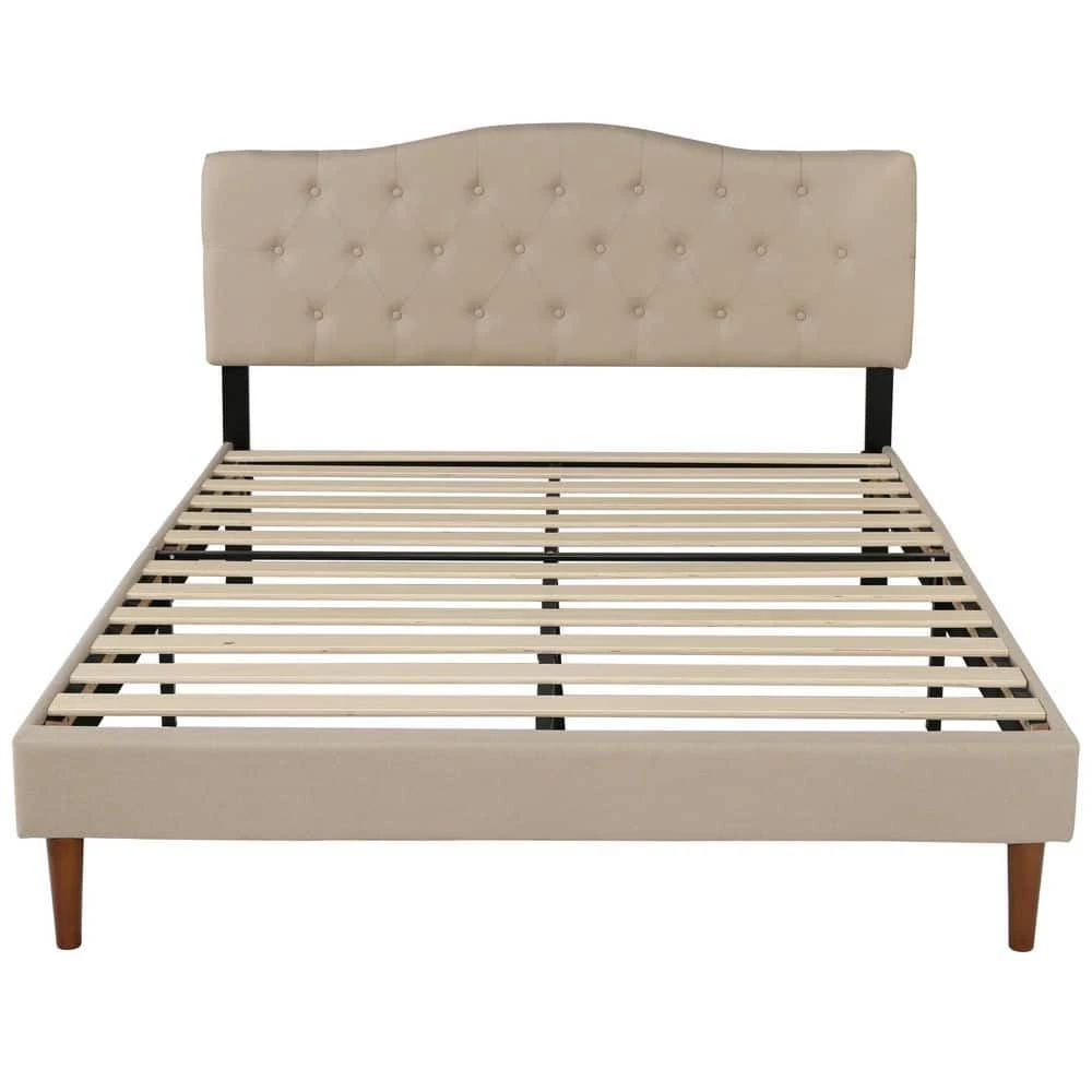 Bed Frame with Button, Beige Wood Frame Slat Support Easy Assembly Full Platform Bed Frame With Upholstered Headboard by VECELO 3 Bed Frame with Button, Beige Wood Frame Slat Support Easy Assembly Full Platform Bed Frame With Upholstered Headboard by VECELO