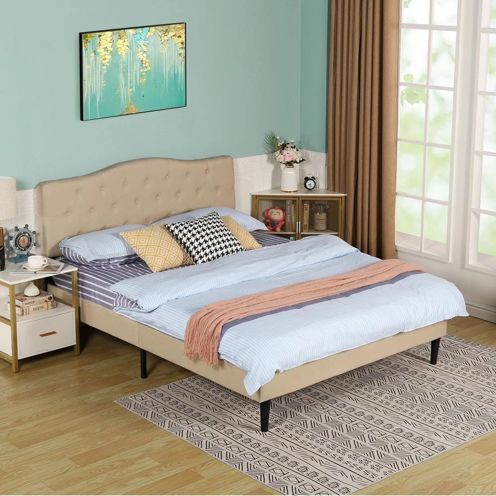 Bed Frame with Button, Beige Wood Frame Slat Support Easy Assembly Full Platform Bed Frame With Upholstered Headboard by VECELO 5 Bed Frame with Button, Beige Wood Frame Slat Support Easy Assembly Full Platform Bed Frame With Upholstered Headboard by VECELO - Image 3