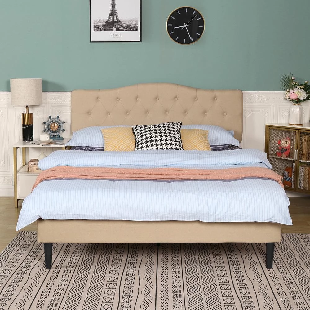 Bed Frame with Button, Beige Wood Frame Slat Support Easy Assembly Full Platform Bed Frame With Upholstered Headboard by VECELO 4 Bed Frame with Button, Beige Wood Frame Slat Support Easy Assembly Full Platform Bed Frame With Upholstered Headboard by VECELO - Image 2