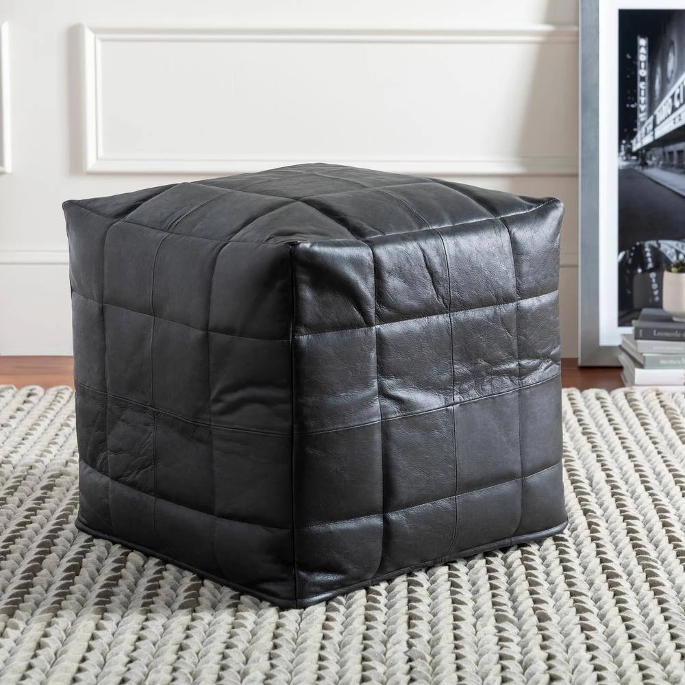Lorryne Solid Black Leather Cube Accent Pouf by Artistic Weavers 6 Lorryne Solid Black Leather Cube Accent Pouf by Artistic Weavers - Image 4