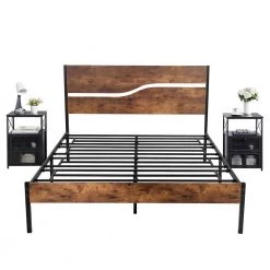 3-Piece Metal Bed Frame Bedroom Set 2-Black Nightstands with Drawer Queen Size Metal Platform Bed Frame with Headboard by VECELO -Camaflexi Shop black queen vecelo bedroom sets khd btj mbq03 rbn khd xf ns04 blk a2 4f 1000