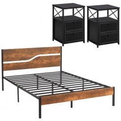 3-Piece Metal Bed Frame Bedroom Set 2-Black Nightstands with Drawer Queen Size Metal Platform Bed Frame with Headboard by VECELO