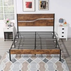 3-Piece Metal Bed Frame Bedroom Set 2-Black Nightstands with Drawer Queen Size Metal Platform Bed Frame with Headboard by VECELO -Camaflexi Shop black queen vecelo bedroom sets khd btj mbq03 rbn khd xf ns04 blk a2 76 1000
