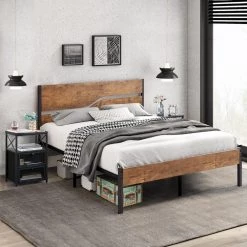 3-Piece Metal Bed Frame Bedroom Set 2-Black Nightstands with Drawer Queen Size Metal Platform Bed Frame with Headboard by VECELO -Camaflexi Shop black queen vecelo bedroom sets khd btj mbq03 rbn khd xf ns04 blk a2 c3 1000