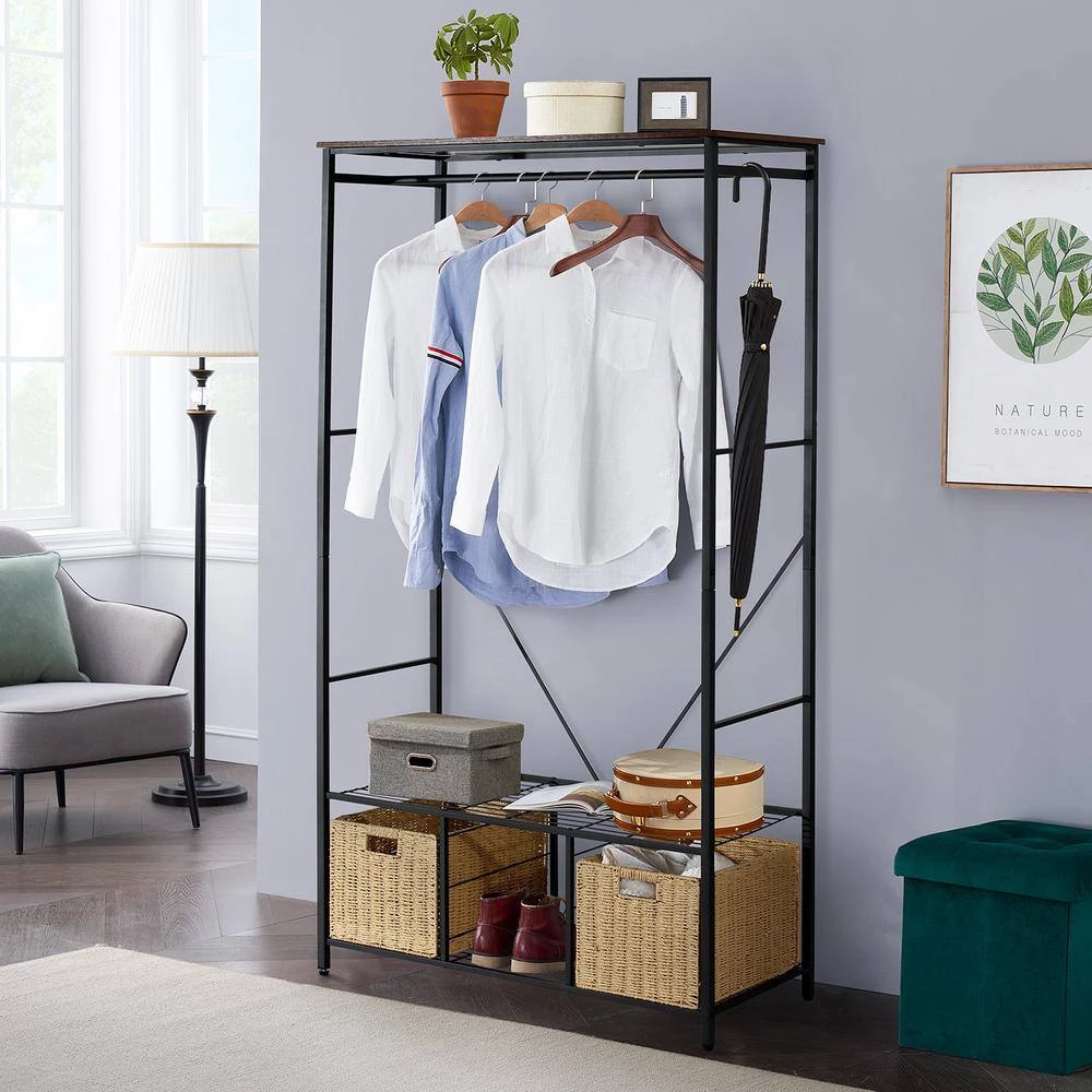 Garment Heavy-Duty Coat Rack Black Metal Freestanding 2 Storage Baskets for Bedroom, Cloakroom, Clothing Store, Etc. by VECELO 8 Garment Heavy-Duty Coat Rack Black Metal Freestanding 2 Storage Baskets for Bedroom, Cloakroom, Clothing Store, Etc. by VECELO - Image 6
