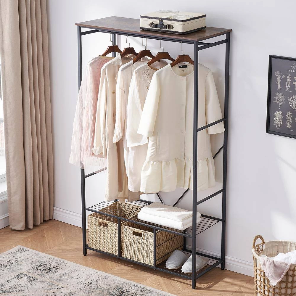 Garment Heavy-Duty Coat Rack Black Metal Freestanding 2 Storage Baskets for Bedroom, Cloakroom, Clothing Store, Etc. by VECELO 6 Garment Heavy-Duty Coat Rack Black Metal Freestanding 2 Storage Baskets for Bedroom, Cloakroom, Clothing Store, Etc. by VECELO - Image 4