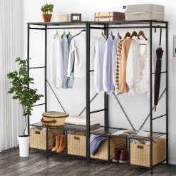 Garment Heavy-Duty Coat Rack Black Metal Freestanding 2 Storage Baskets for Bedroom, Cloakroom, Clothing Store, Etc. by VECELO 18 Garment Heavy-Duty Coat Rack Black Metal Freestanding 2 Storage Baskets for Bedroom, Cloakroom, Clothing Store, Etc. by VECELO -Camaflexi Shop black vecelo coat racks khd xf chr01 brn 76 1000