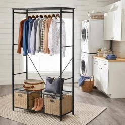 Garment Heavy-Duty Coat Rack Black Metal Freestanding 2 Storage Baskets for Bedroom, Cloakroom, Clothing Store, Etc. by VECELO 17 Garment Heavy-Duty Coat Rack Black Metal Freestanding 2 Storage Baskets for Bedroom, Cloakroom, Clothing Store, Etc. by VECELO -Camaflexi Shop black vecelo coat racks khd xf chr01 brn fa 1000