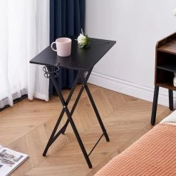 Rectangle Foldable TV Tray Portable Wooden Snack Table For Room，Office, School， 26"H Tiny Desk, Set of 2, Black, 13.8"W by VECELO -Camaflexi Shop black vecelo end side tables khd xf dst01 blk 44 1000