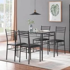 5 Pcs Dining Table Set, Home Dining Table and 4 Chairs Set with Tempered Glass Tabletop Padded Seat，43.3"X27.5"X30" by VECELO -Camaflexi Shop black vecelo kitchen dining tables khd xjm tc01 1f 1000