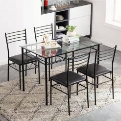 5 Pcs Dining Table Set, Home Dining Table and 4 Chairs Set with Tempered Glass Tabletop Padded Seat，43.3"X27.5"X30" by VECELO -Camaflexi Shop black vecelo kitchen dining tables khd xjm tc01 31 1000