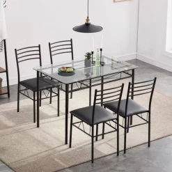 5 Pcs Dining Table Set, Home Dining Table and 4 Chairs Set with Tempered Glass Tabletop Padded Seat，43.3"X27.5"X30" by VECELO -Camaflexi Shop black vecelo kitchen dining tables khd xjm tc01 44 1000
