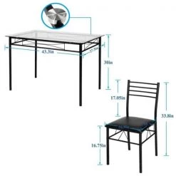 5 Pcs Dining Table Set, Home Dining Table and 4 Chairs Set with Tempered Glass Tabletop Padded Seat，43.3"X27.5"X30" by VECELO -Camaflexi Shop black vecelo kitchen dining tables khd xjm tc01 4f 1000