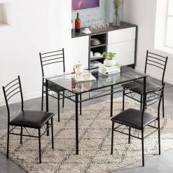 5 Pcs Dining Table Set, Home Dining Table and 4 Chairs Set with Tempered Glass Tabletop Padded Seat，43.3"X27.5"X30" by VECELO -Camaflexi Shop black vecelo kitchen dining tables khd xjm tc01 66 1000