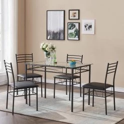 5 Pcs Dining Table Set, Home Dining Table and 4 Chairs Set with Tempered Glass Tabletop Padded Seat，43.3"X27.5"X30" by VECELO -Camaflexi Shop black vecelo kitchen dining tables khd xjm tc01 c3 1000