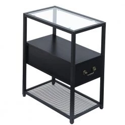 Black Wooden Side Table 1-Drawers & Open Shelf, Narrow Nightstand Tempered Glass Top 19.7 in. L x 11 in. W x 23.6 in. H by VECELO