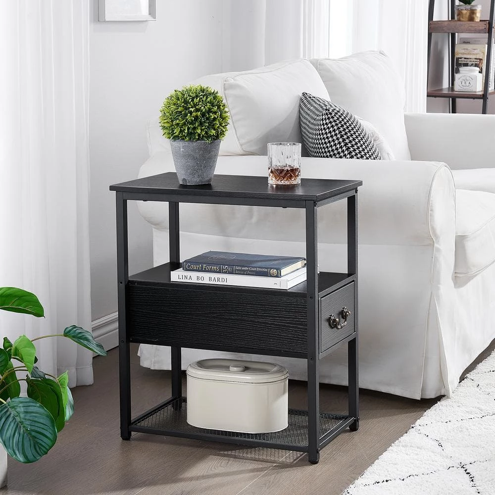 Black Side Table, 3-Tier Nightstand 1 Drawer, Narrow End Table Stable and Sturdy 20.5 in. L x 12.6 in. W x 23.6 in. H by VECELO 8 Black Side Table, 3-Tier Nightstand 1 Drawer, Narrow End Table Stable and Sturdy 20.5 in. L x 12.6 in. W x 23.6 in. H by VECELO - Image 6