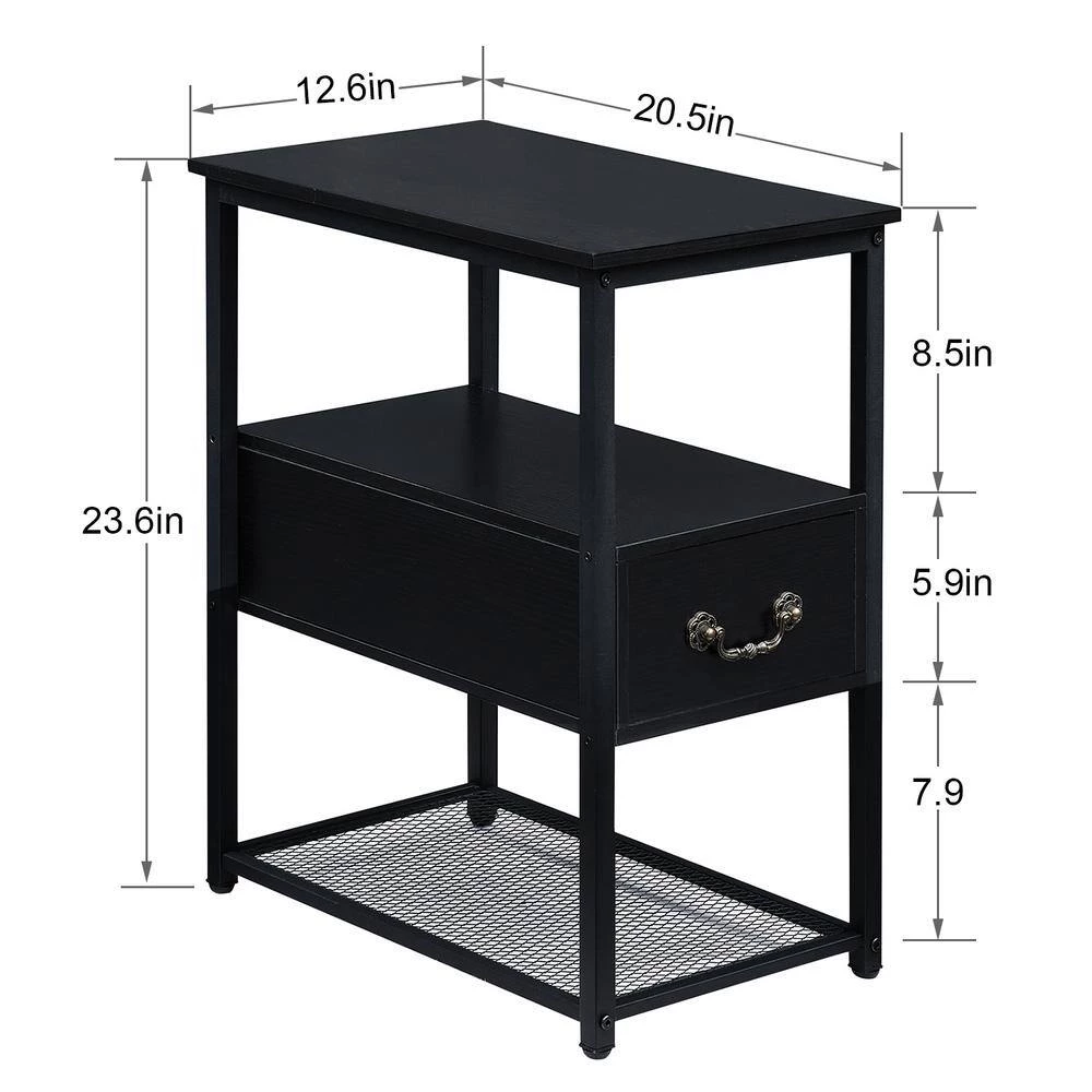 Black Side Table, 3-Tier Nightstand 1 Drawer, Narrow End Table Stable and Sturdy 20.5 in. L x 12.6 in. W x 23.6 in. H by VECELO 7 Black Side Table, 3-Tier Nightstand 1 Drawer, Narrow End Table Stable and Sturdy 20.5 in. L x 12.6 in. W x 23.6 in. H by VECELO - Image 5