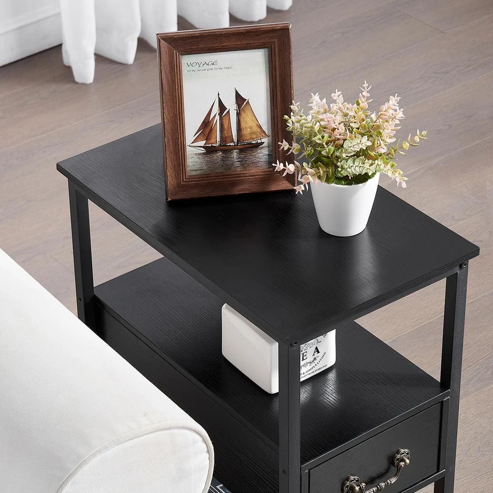 Black Side Table, 3-Tier Nightstand 1 Drawer, Narrow End Table Stable and Sturdy 20.5 in. L x 12.6 in. W x 23.6 in. H by VECELO 5 Black Side Table, 3-Tier Nightstand 1 Drawer, Narrow End Table Stable and Sturdy 20.5 in. L x 12.6 in. W x 23.6 in. H by VECELO - Image 3