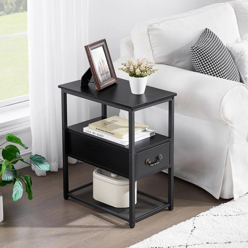 Black Side Table, 3-Tier Nightstand 1 Drawer, Narrow End Table Stable and Sturdy 20.5 in. L x 12.6 in. W x 23.6 in. H by VECELO 4 Black Side Table, 3-Tier Nightstand 1 Drawer, Narrow End Table Stable and Sturdy 20.5 in. L x 12.6 in. W x 23.6 in. H by VECELO - Image 2