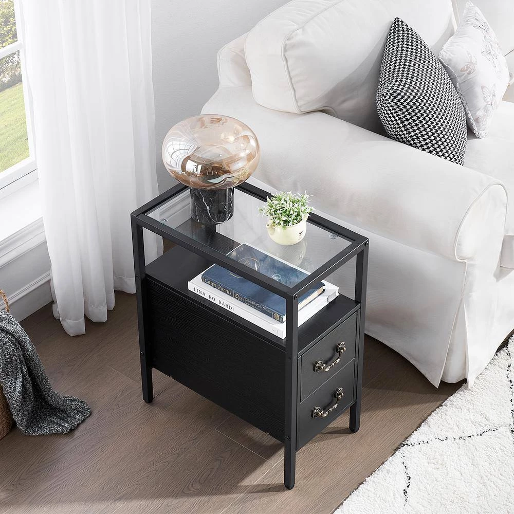 Black End Table Narrow Side Table 2-Drawers & Open Storage Shelf Glass Top Nightstand 19.7 in. L x 11 in. W x 23.6 in. H by VECELO 8 Black End Table Narrow Side Table 2-Drawers & Open Storage Shelf Glass Top Nightstand 19.7 in. L x 11 in. W x 23.6 in. H by VECELO - Image 6