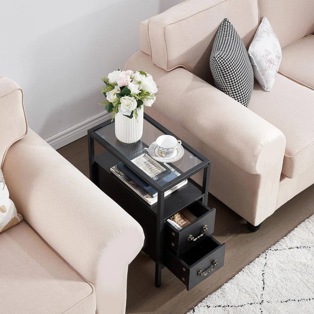 Black End Table Narrow Side Table 2-Drawers & Open Storage Shelf Glass Top Nightstand 19.7 in. L x 11 in. W x 23.6 in. H by VECELO 9 Black End Table Narrow Side Table 2-Drawers & Open Storage Shelf Glass Top Nightstand 19.7 in. L x 11 in. W x 23.6 in. H by VECELO - Image 7