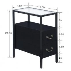 Black End Table Narrow Side Table 2-Drawers & Open Storage Shelf Glass Top Nightstand 19.7 in. L x 11 in. W x 23.6 in. H by VECELO 15 Black End Table Narrow Side Table 2-Drawers & Open Storage Shelf Glass Top Nightstand 19.7 in. L x 11 in. W x 23.6 in. H by VECELO -Camaflexi Shop black vecelo nightstands khd xf nt03 blk 4f 1000