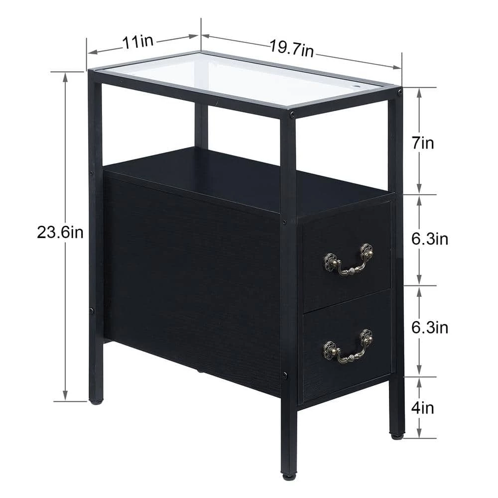 Black End Table Narrow Side Table 2-Drawers & Open Storage Shelf Glass Top Nightstand 19.7 in. L x 11 in. W x 23.6 in. H by VECELO 7 Black End Table Narrow Side Table 2-Drawers & Open Storage Shelf Glass Top Nightstand 19.7 in. L x 11 in. W x 23.6 in. H by VECELO - Image 5