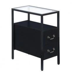 Black End Table Narrow Side Table 2-Drawers & Open Storage Shelf Glass Top Nightstand 19.7 in. L x 11 in. W x 23.6 in. H by VECELO