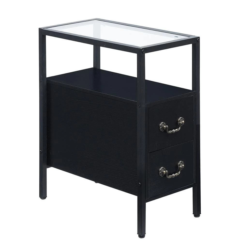 Black End Table Narrow Side Table 2-Drawers & Open Storage Shelf Glass Top Nightstand 19.7 in. L x 11 in. W x 23.6 in. H by VECELO 3 Black End Table Narrow Side Table 2-Drawers & Open Storage Shelf Glass Top Nightstand 19.7 in. L x 11 in. W x 23.6 in. H by VECELO