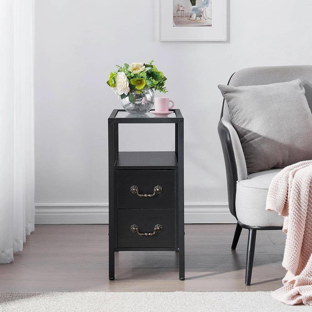 Black End Table Narrow Side Table 2-Drawers & Open Storage Shelf Glass Top Nightstand 19.7 in. L x 11 in. W x 23.6 in. H by VECELO 5 Black End Table Narrow Side Table 2-Drawers & Open Storage Shelf Glass Top Nightstand 19.7 in. L x 11 in. W x 23.6 in. H by VECELO - Image 3