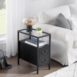 Black End Table Narrow Side Table 2-Drawers & Open Storage Shelf Glass Top Nightstand 19.7 in. L x 11 in. W x 23.6 in. H by VECELO 14 Black End Table Narrow Side Table 2-Drawers & Open Storage Shelf Glass Top Nightstand 19.7 in. L x 11 in. W x 23.6 in. H by VECELO -Camaflexi Shop black vecelo nightstands khd xf nt03 blk c3 1000