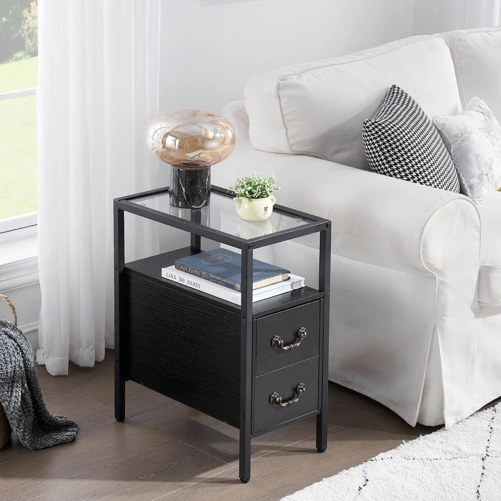 Black End Table Narrow Side Table 2-Drawers & Open Storage Shelf Glass Top Nightstand 19.7 in. L x 11 in. W x 23.6 in. H by VECELO 6 Black End Table Narrow Side Table 2-Drawers & Open Storage Shelf Glass Top Nightstand 19.7 in. L x 11 in. W x 23.6 in. H by VECELO - Image 4