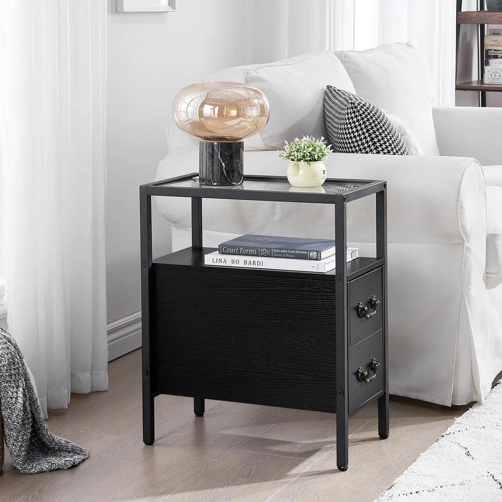 Black End Table Narrow Side Table 2-Drawers & Open Storage Shelf Glass Top Nightstand 19.7 in. L x 11 in. W x 23.6 in. H by VECELO 4 Black End Table Narrow Side Table 2-Drawers & Open Storage Shelf Glass Top Nightstand 19.7 in. L x 11 in. W x 23.6 in. H by VECELO - Image 2