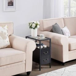 Black End Table Narrow Side Table 2-Drawers & Open Storage Shelf Glass Top Nightstand 19.7 in. L x 11 in. W x 23.6 in. H by VECELO 18 Black End Table Narrow Side Table 2-Drawers & Open Storage Shelf Glass Top Nightstand 19.7 in. L x 11 in. W x 23.6 in. H by VECELO -Camaflexi Shop black vecelo nightstands khd xf nt03 blk fa 1000