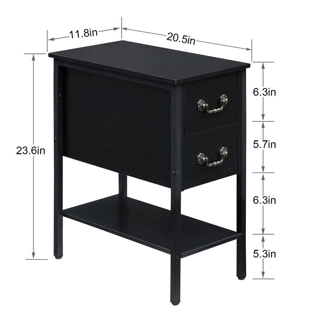 Black End Table, Narrow Chairside Table 2-Drawers and Open Storage Shelf, Nightstand 20.5 in. L x 11.8 in. W x 23.6 in. by VECELO 7 Black End Table, Narrow Chairside Table 2-Drawers and Open Storage Shelf, Nightstand 20.5 in. L x 11.8 in. W x 23.6 in. by VECELO - Image 5
