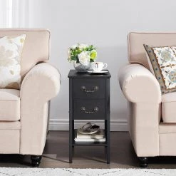 Black End Table, Narrow Chairside Table 2-Drawers and Open Storage Shelf, Nightstand 20.5 in. L x 11.8 in. W x 23.6 in. by VECELO 15 Black End Table, Narrow Chairside Table 2-Drawers and Open Storage Shelf, Nightstand 20.5 in. L x 11.8 in. W x 23.6 in. by VECELO -Camaflexi Shop black vecelo nightstands khd xf nt04 blk 44 1000