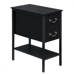 Black End Table, Narrow Chairside Table 2-Drawers and Open Storage Shelf, Nightstand 20.5 in. L x 11.8 in. W x 23.6 in. by VECELO